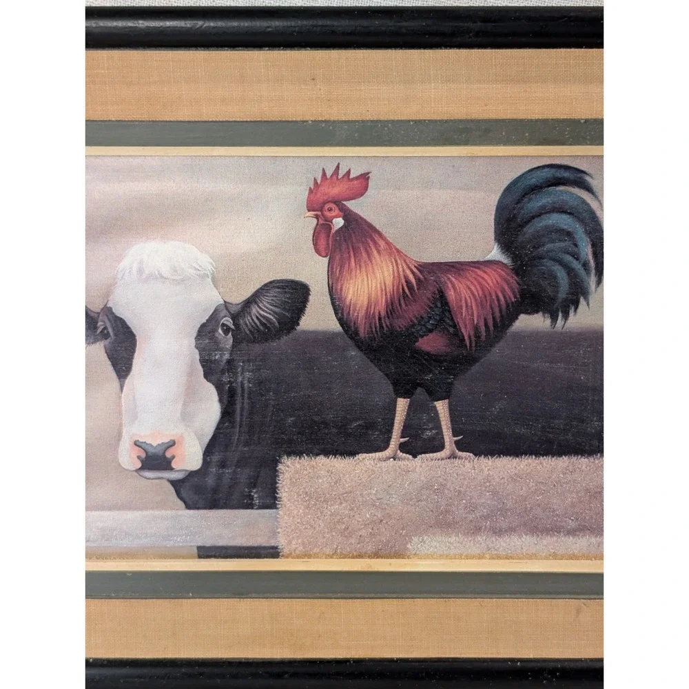 Framed Wall Art Cow & Rooster Picture Rustic Country 16.25